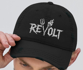 Black REVOLT cap with distressed white logo