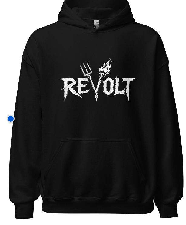 Black REVOLT hoodie with distressed white logo
